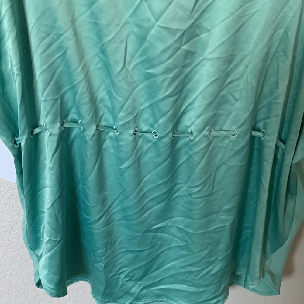 Alfani Aqua blue /green satin look mixed media drawstring blouse cap sleeve - Picture 8 of 9